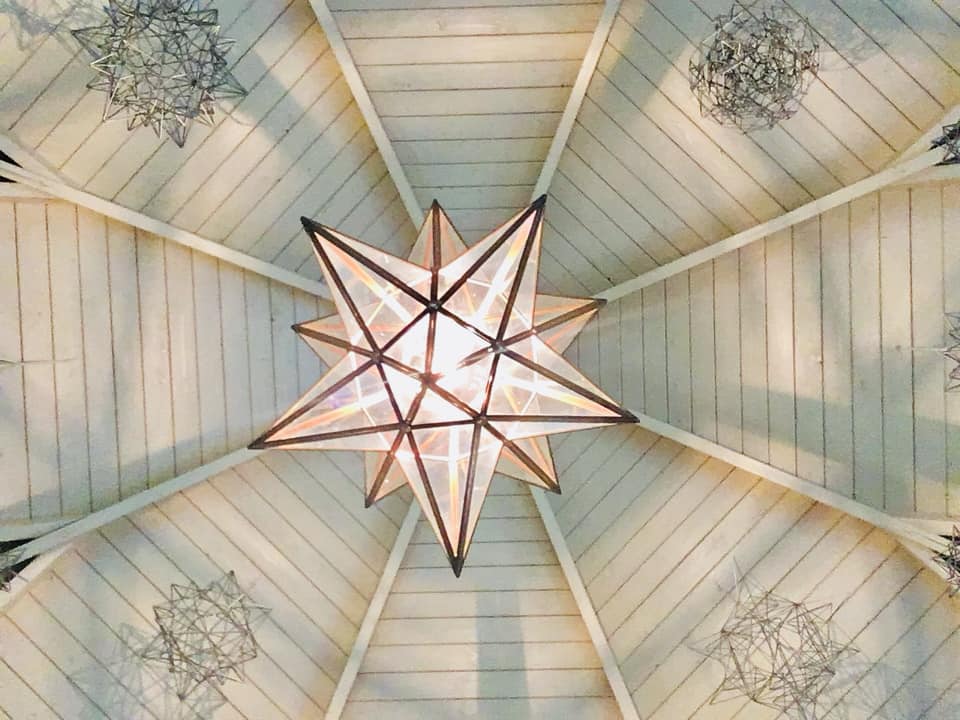 an overhead view of a ceiling in a building.
