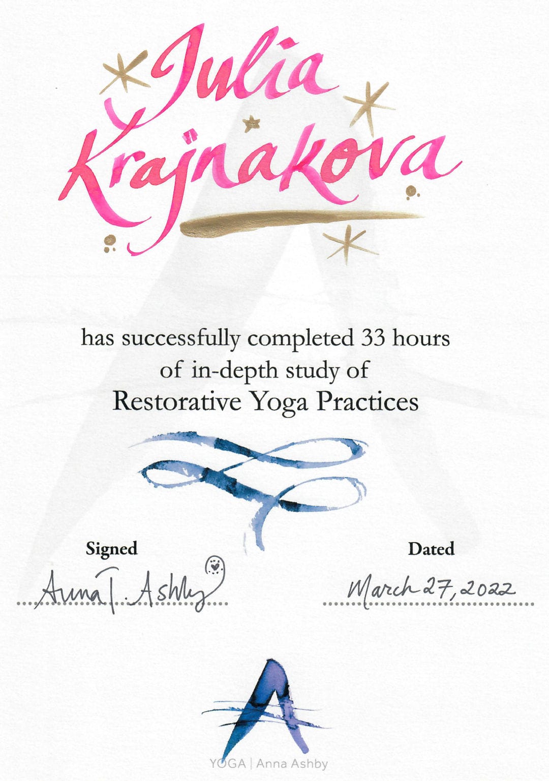 Ann Ashby 33 hours restorative yoga certificate