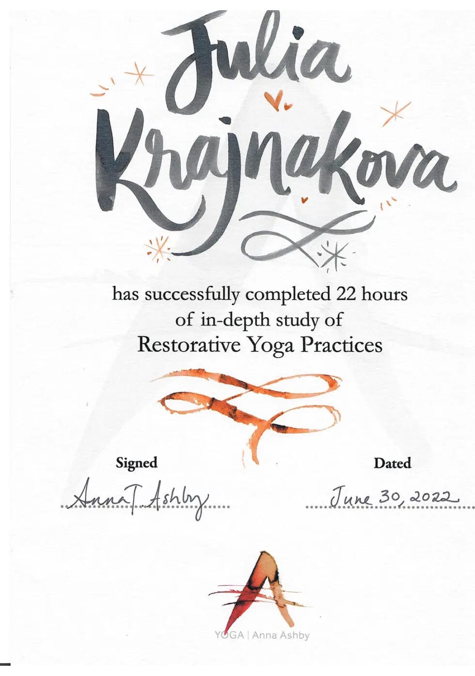 Ann Ashby 22 hours restorative yoga certificate