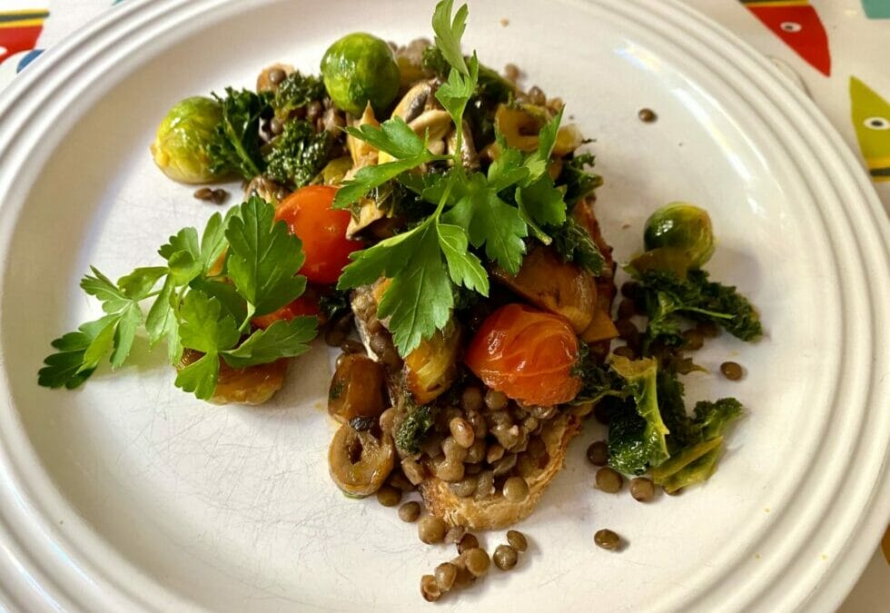 Kale, Baby Sprouts, Brown Lentils on Sourdough Toast
