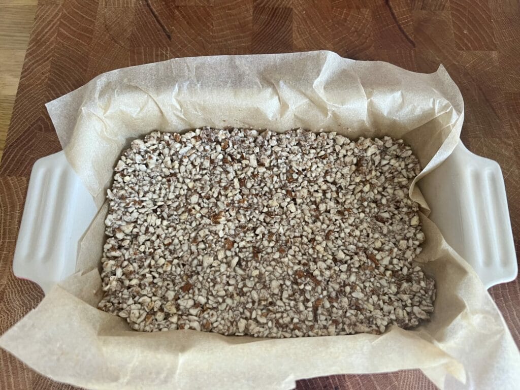 A baking dish filled with granola.