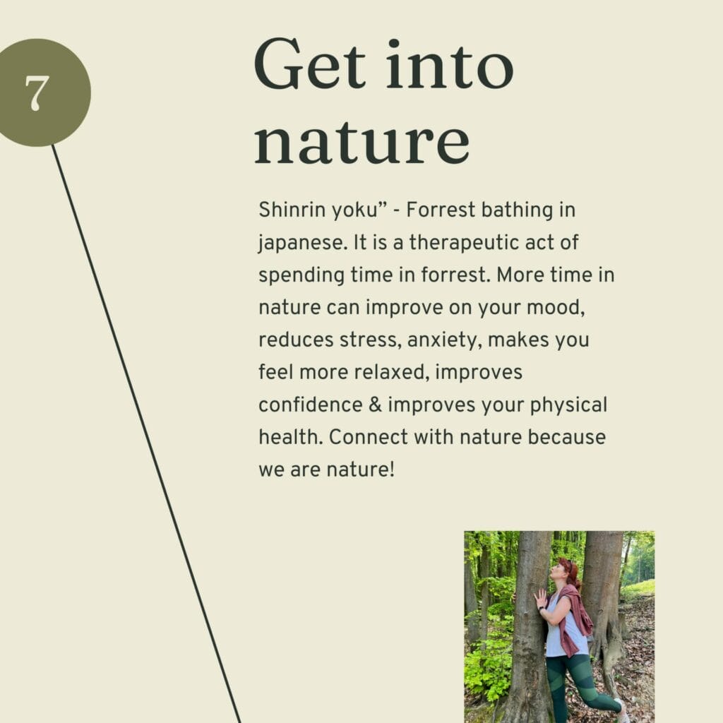 A woman in a forest promoting wellbeing and nature.