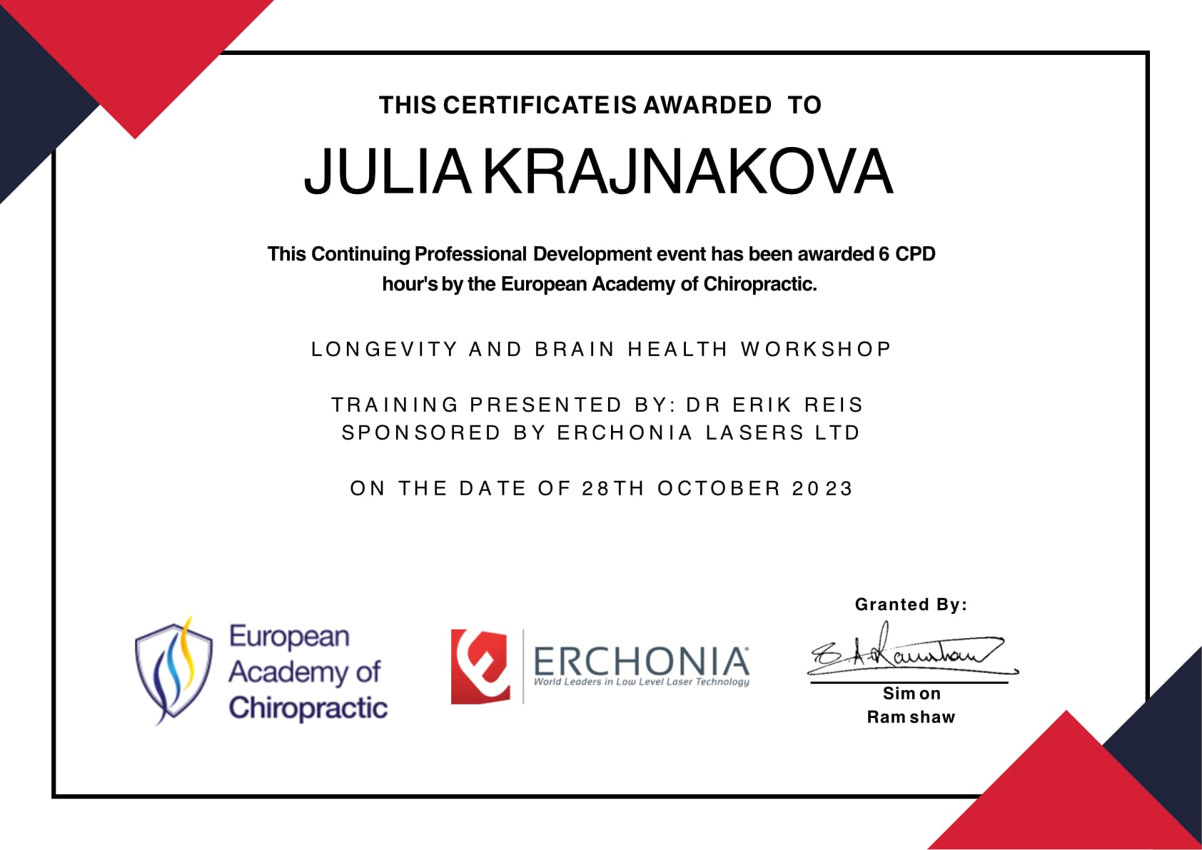 A certificate for Julia Krajanovova for a Brain Health Workshop