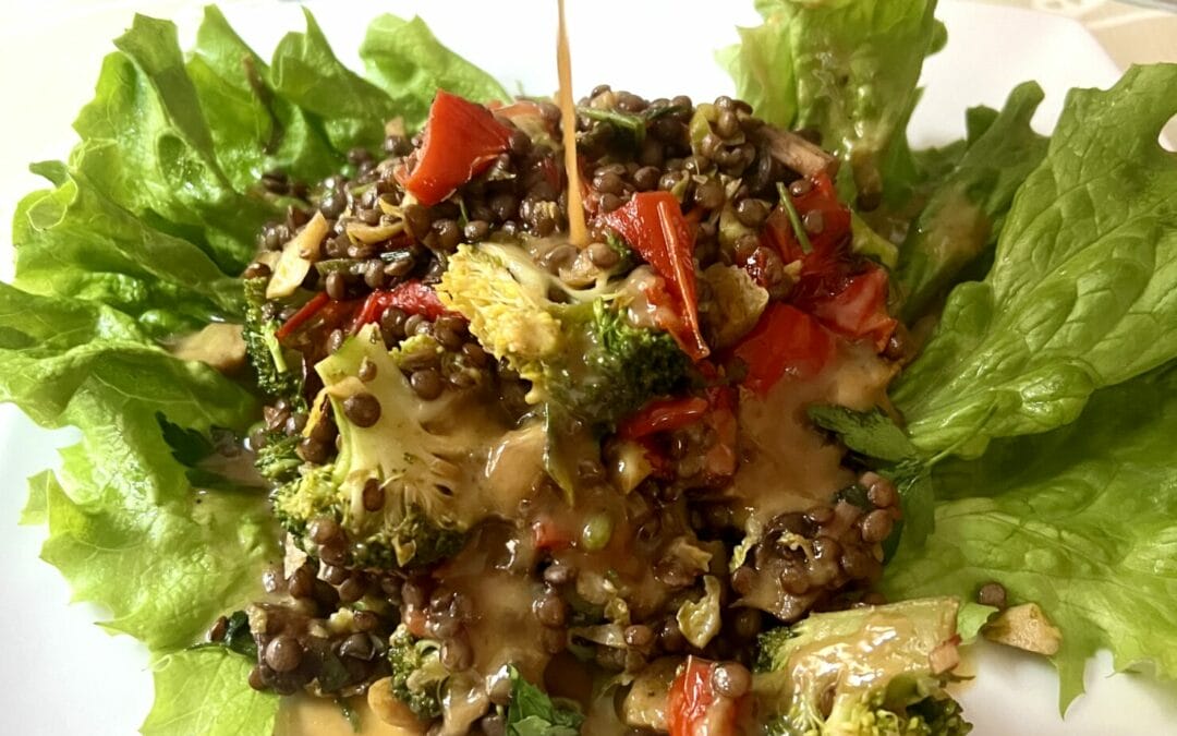 Gut Healthy Lunch – Roasted Red Peppers, Brown Lentils and Tahini Sauce