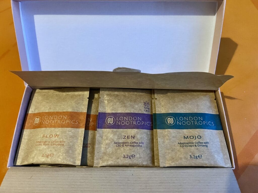 Boost your well-being with a box containing three different types of adaptogenic coffee.