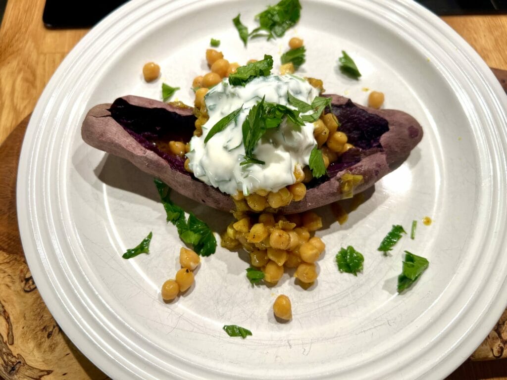 Baked Purple Potato with Turmeric Chickpeas and Yoghurt: Eating for Longevity