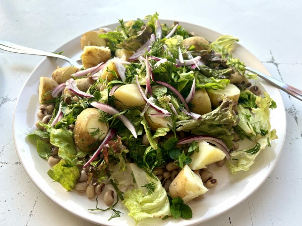 A plate of mixed salad with beans, potatoes, greens, and herbs, ready to be eaten.