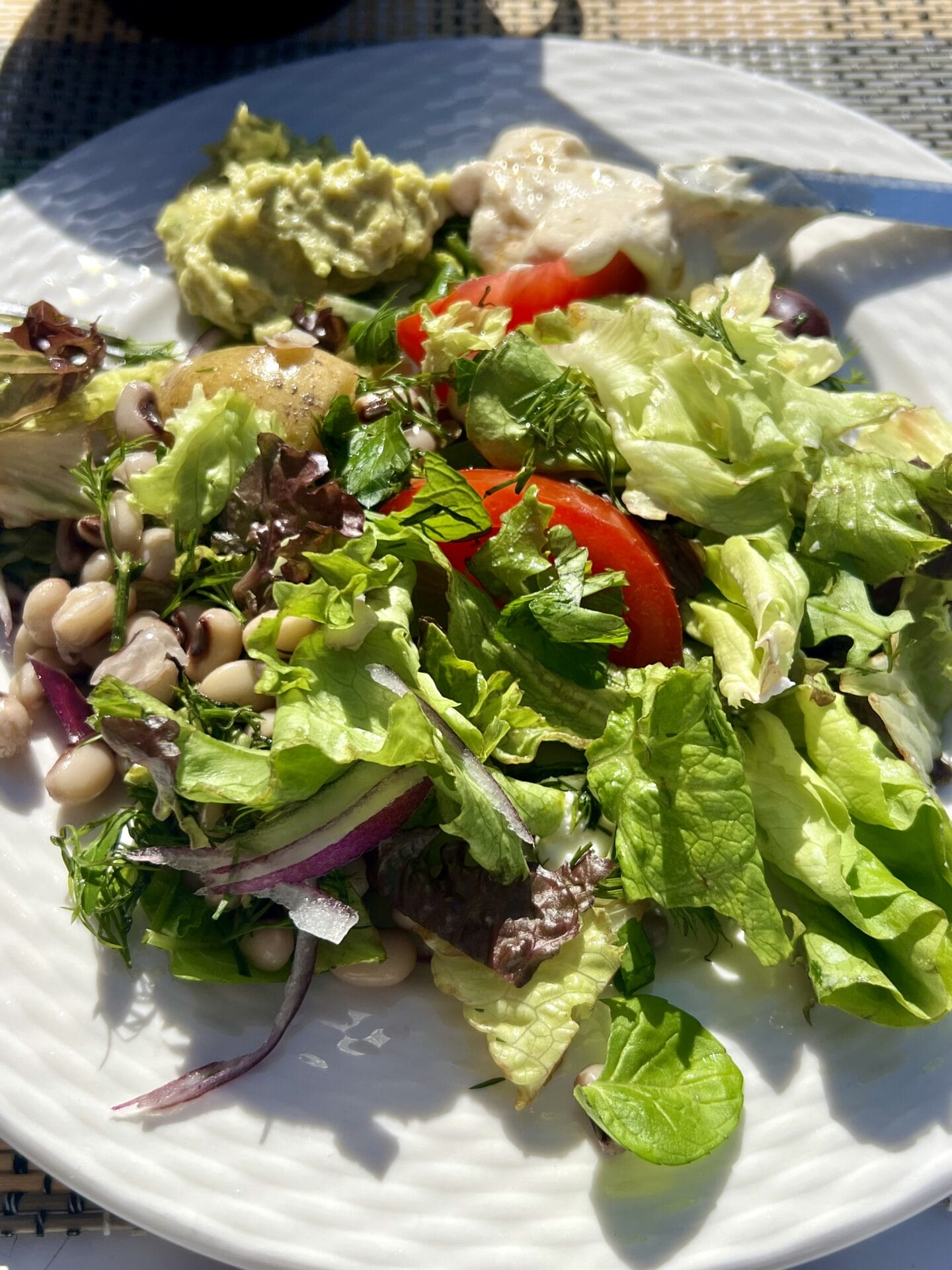 A plate of mixed leafy salad with tomato, onions, beans, and dollops of guacamole and a creamy dressing. A plate of mixed leafy salad with tomato, onions, beans, and dollops of guacamole and a creamy dressing.
