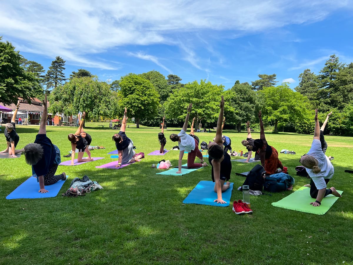 A group of people practice yoga on colorful mats in a park with lush green grass and trees under a clear blue sky.