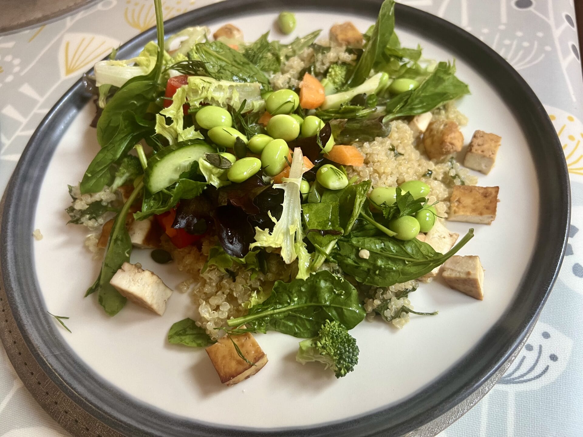A plate of quinoa salad topped with mixed greens, edamame, tofu cubes, cucumber slices, and broccoli.