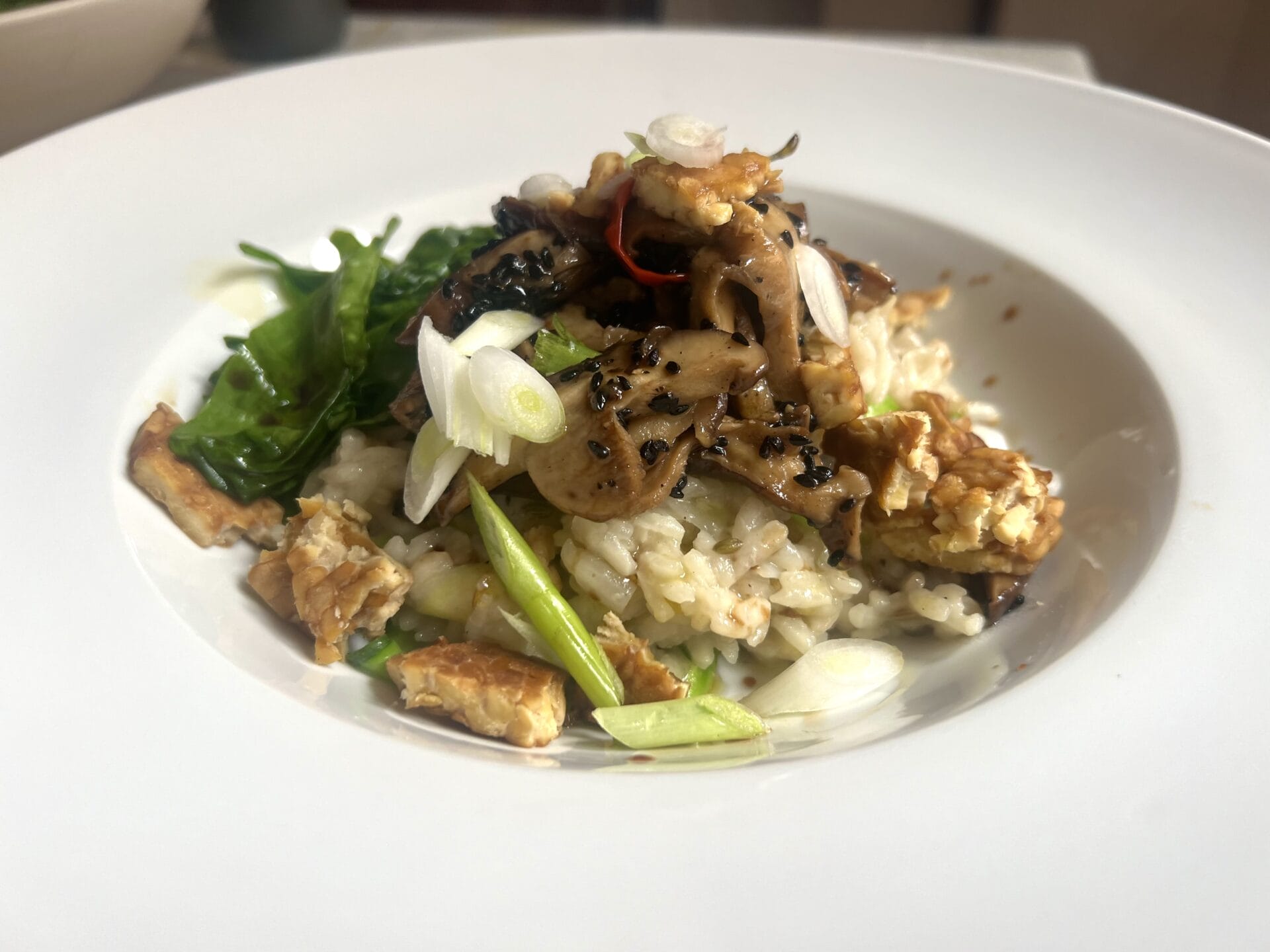 A white plate with a portion of rice topped with sautéed mushrooms, sliced green onions, leafy greens, and small pieces of crispy tofu. A white plate with a portion of rice topped with sautéed mushrooms, sliced green onions, leafy greens, and small pieces of crispy tofu.