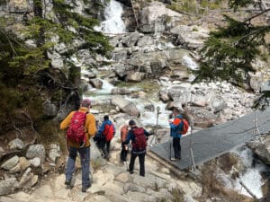 Five hikers with backpacks cross a metal footbridge over a rocky stream in a forested, mountainous area.
