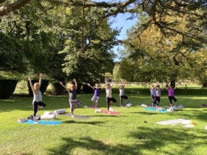 A group of people practice yoga outdoors on mats in a park, standing in tree pose with arms raised under a sunny sky and surrounded by trees.