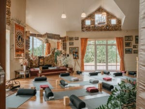 A spacious, well-lit yoga studio with mats, bolsters, blankets, and blocks arranged on a wooden floor, surrounded by large windows, plants, and decorative art.