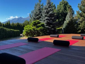 Several yoga mats and bolsters are arranged on a wooden deck outdoors, surrounded by trees, with mountains visible in the background under a clear blue sky.