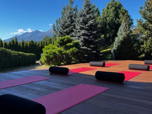 Red yoga mats and black bolsters are arranged on a wooden deck outdoors, surrounded by trees with mountains visible in the background under a clear sky.
