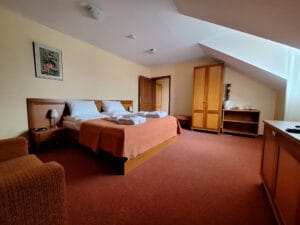 A hotel room with a double bed, two wardrobes, a small table with a kettle, and an armchair, all with brown and beige tones.