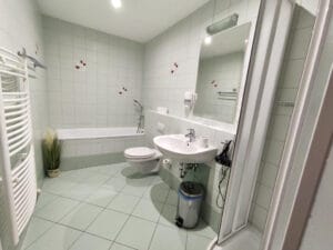 Accessible bathroom with tiled walls and floors, wall-mounted sink and toilet, bathtub, shower, mirror, towel warmer, trash bin, and potted plant in the corner.
