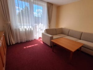A sunlit living room with a beige corner sofa, wooden coffee table, red carpet, and large window with sheer curtains.